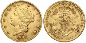 USA 20 Dollars 1904 Philadelphia. 'Saint-Gaudens - Double Eagle' with motto. Averse: Standing Liberty with torch and olive branch. Lettering: LIBERTY ...
