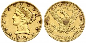 USA 5 Dollars 1904 Philadelphia. Liberty / Coronet Head - Half Eagle With motto. Averse: The bust of Liberty with the date below. Lettering:* * * * * ...