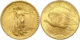 USA 20 Dollars 1924 Philadelphia. 'Saint-Gaudens - Double Eagle' with motto. Averse: Standing Liberty with torch and olive branch. Lettering: LIBERTY ...