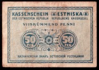 Estonia 50 Penni 1919 Banknote. Issued note. Ornamental design at center. Blue on light blue underprint. KM:42a