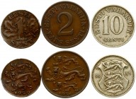 Estonia 1-10 Senti 1929-1934. Averse: National arms divide date. Reverse: Denomination. Bronze; Copper-Nickel. Lot of 3 Coins