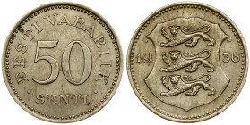 Estonia 50 Senti 1936 Averse: National arms divide date. Reverse: Denomination. Edge Description: Plain. Nickel-Bronze. KM 18