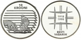 Estonia 10 Krooni ND(1998) 80th Anniversary of Nation. Averse: Framed dates. Reverse: Farmer plowing field; denomination above. Silver. KM 32. With Bo...
