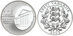 Estonia 10 Krooni 2002 Tartu University. Averse: National arms. Reverse: Building in oval; value at left. Edge Description: Reeded. Silver. KM 38. Wit...