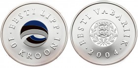 Estonia 10 Krooni 2004 Estonian Flag. Averse: National arms. Reverse: Round multicolor flag design. Edge Description: Reeded. Silver. KM 40. With Box ...