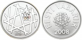 Estonia 10 Krooni 2008 Olympics. Averse: National arms. Reverse: Torch and geometric patterns. Silver. KM 48. With Box & Certificate