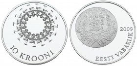 Estonia 10 Krooni 2009 Song and Dance Festival. Averse: National Arms. Reverse: Circle of dancers Silver. KM 51. With Box & Certificate