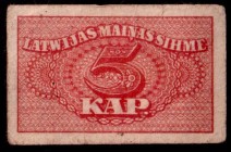 Latvia 5 Kopecks (1920) Banknote. LATWIJAS MAINAS SIHME P.9