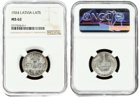 Latvia 1 Lats 1924. Averse: Arms with supporters. Reverse: Value and date within wreath. Edge Description: Milled. Silver. KM 7. NGC MS 62