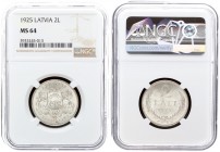Latvia 2 Lati 1925. Averse: Arms with supporters. Reverse: Value and date within wreath. Edge Description: Milled. Silver. KM 8. NGC MS 64