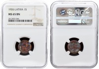 Latvia 1 Santims 1926 Averse: National arms above ribbon. Reverse: Value and date. Edge Description: Plain. Bronze. KM 1. NGC MS 65 BN