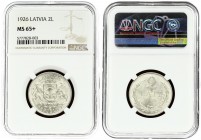 Latvia 2 Lati 1926. Averse: Arms with supporters. Reverse: Value and date within wreath. Edge Description: Milled. Silver. KM 8. NGC MS 65+ TOP POP