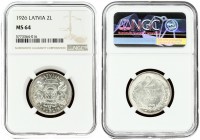 Latvia 2 Lati 1926. Averse: Arms with supporters. Reverse: Value and date within wreath. Edge Description: Milled. Silver. KM 8. NGC MS 64