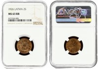 Latvia 2 Santimi 1926. Averse: National arms above ribbon. Reverse: Value and date. Edge Description: Plain. Bronze. KM 2. NGC MS 63 RB ONLY 6 COINS I...