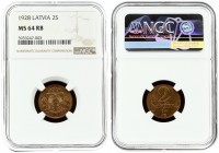 Latvia 2 Santimi 1928. Averse: National arms above ribbon. Reverse: Value and date. Edge Description: Plain. Bronze. KM 2. NGC MS 64 RB RARE ONLY ONE ...