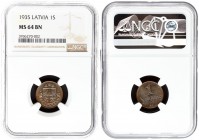 Latvia 1 Santims 1935 Averse: National arms above ribbon. Reverse: Value and date. Edge Description: Plain. Bronze. KM 1. NGC MS 64 BN