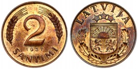 Latvia 2 Santimi 1937 Averse: National arms above sprigs. Reverse: Value flanked by sprigs above date. Edge Description: Plain. Bronze. KM 11.1