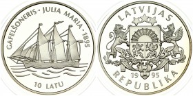 Latvia 10 Latu 1995 'Julia Maria' Sailing Ship. Averse: The large coat of arms of the Republic of Latvia; with the year 1995 inscribed below; is place...