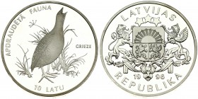 Latvia 10 Latu 1996 Corncrake. Averse: Averse: The large coat of arms of the Republic of Latvia; with the year 1996 inscribed below. is placed in the ...