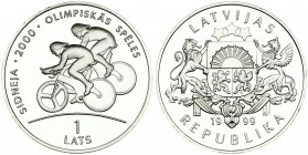 Latvia 1 Lats 1999 Olympics. Averse: National arms. Reverse: Two cyclists. Edge Description: Lettered. Silver. KM 44