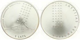 Latvia 1 Lats 2002 National Library. Averse: Country name and diamonds pattern. Reverse: Library building sketch and diamonds design. Edge Lettering: ...