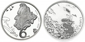 Latvia 1 Lats 2013 Richard Wagner 200th Anniversary of Birth. Averse: Profile left; horn flowing into flower. Reverse: Ship in stormy seas. Edge Descr...