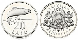 Latvia 20 Latu 2013 20th Anniversary of the return of Lats coinage. Averse: National arms. Reverse: Salmon. Edge Description: Lettered. Silver. KM 138...