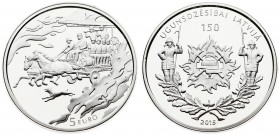 Latvia 5 Euro 2015 150 years of firefighting in Latvia. Averse: Features firefighters' symbols on the background of flames; with the images of firemen...