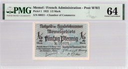 Lithuania MEMEL 1/2 Mark 1922 Banknote. French Administration Chamber of Commerce. Territory of Memel. Pick # 1; 1/2 Mark S/N 00821. PMG 64 Choice Unc...