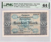 Lithuania MEMEL 100 Mark 1922 Banknote. French Administration Chamber of Commerce. Territory of Memel. Pick # 9; 1922 100 Mark Wmk: Countuored Chain. ...