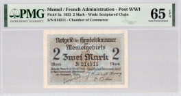 Lithuania MEMEL 2 Mark 1922 Banknote. French Administration Chamber of Commerce. Territory of Memel. Pick # 3a; 1922 - 2 Mark Wmk: Contored Chain. S/N...