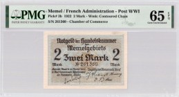 Lithuania MEMEL 2 Mark 1922 Banknote. French Administration Chamber of Commerce. Territory of Memel. Pick # 3b; 1922 - 2 Mark Wmk: Sculptured Chain. S...