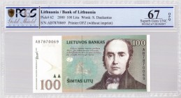 Lithuania 100 Litu 2000 Banknote. Pck#62 Wtmk: S. Daukantas S/N:AB7870069. PCGS 67 Superb Gem UNC OPQ