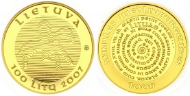 Lithuania 100 Litų 2007 Use of the Name Lithuania Millenium. Averse: Linear National Arms. Reverse: Circular Legend. Gold. KM 158. With Box & Certific...