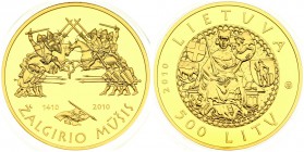 Lithuania 500 Litų 2010 Battle of Grunwald. Averse: Shield around seated king. Reverse: Knights on horseback; warriors on foot. Gold. KM 173. With Box...