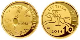 Lithuania 10 Litų 2014 Baltic studies. Averse: Stylized Vytis left. Reverse: Neolithic period stylized amber disc. Gold. KM 201. With Box & Certificat...