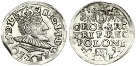 Poland 3 Groszy 1591 Poznan. Sigismund III Vasa (1587-1632). Averse: Crowned bust right. Reverse: Value and armorial above legend; date and mintmaster...