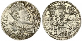 Poland 3 Groszy 1597 Olkusz. Sigismund III Vasa (1587-1632). Crown coins. Averse: Crowned bust right. Reverse: Value; divided date; symbols and two-li...