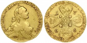 Russia 10 Roubles 1766 СПБ St. Petersburg. Catherine II (1762-1796). Averse: Crowned bust right. Reverse: Crowned shields in cruciform; date in angles...
