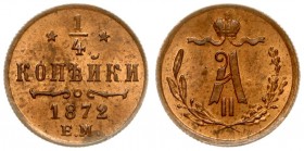 Russia 1/4 Kopeck 1872 ЕМ Ekaterinburg. Alexander II (1854-1881). Averse: Crowned monogram within sprays. Reverse: Value; date. Copper. Edge ribbed. B...