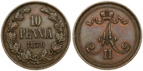 Russia For Finland 10 Pennia 1876. Alexander II (1854-1881). Averse: Crowned monogram. Reverse: Denomination and date within wreath. Edge plain. Coppe...