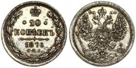 Russia 20 Kopecks 1876 СПБ-HI St. Petersburg. Alexander II (1854-1881). Averse: Eagle redesigned ribbons on crown. Reverse: Crown above date and value...