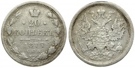 Russia 20 Kopecks 1877 СПБ-НФ St. Petersburg Mint. Alexander II (1854-1881).Averse: Crowned double-headed imperial eagle ribbons on crown. Reverse: Cr...