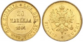 Russia for Finland 20 Markkaa 1904 L Nicholas II (1894-1917). Averse: Crowned imperial double eagle holding orb and scepter. Reverse: Denomination and...