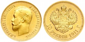 Russia 10 Roubles 1911 (ЭБ) St. Petersburg. Nicholas II (1894-1917). Averse: Head left. Reverse: Crowned double imperial eagle ribbons on crown. Gold....