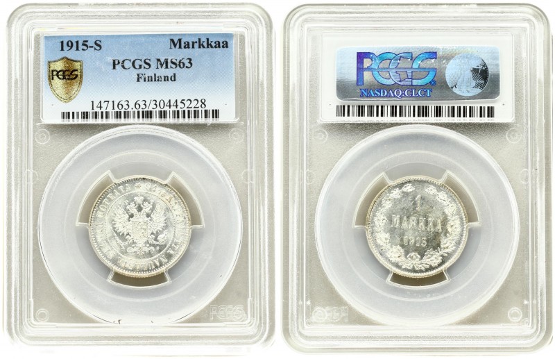 Russia For Finland 1 Markka 1915 S Nicholas II (1894-1917). Crowned imperial dou...