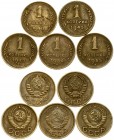 Russia 1 Kopeck (1940-1955). Averse: National arms. Reverse: Value and date within oat sprigs. Aluminum-Bronze. Y 112. Lot of 5 Coins