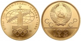 Russia 100 Roubles 1977(m) 1980 Olympics. Averse: National arms divide CCCP with value below. Reverse: Moscow Olympic's logo; sprig within world globe...