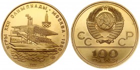 Russia 100 Roubles 1978(L) 1980 Olympics. Averse: National arms divide CCCP with value below. Reverse: Waterside Grandstand. Gold. Y 162