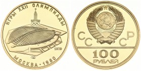 Russia 100 Roubles 1979(L) 1980 Olympics. Averse: National arms divide CCCP with value below. Reverse: Velodrome Building. Gold. Y 173